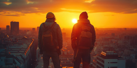 Building Site Bonds: Two Workers at Duskの素材