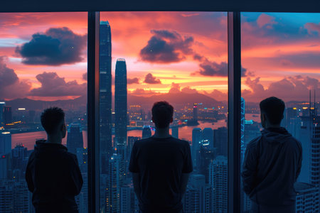 Skyline Champions: Teammates Celebrate Achievement at Duskの素材