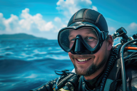 Joyful Diver on Boat in Daylightの素材