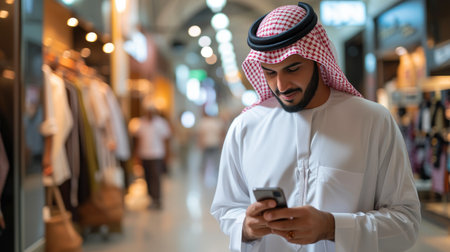 Digital Retail in Saudi Arabia: Man in Thobe Shopping on Mobileの素材