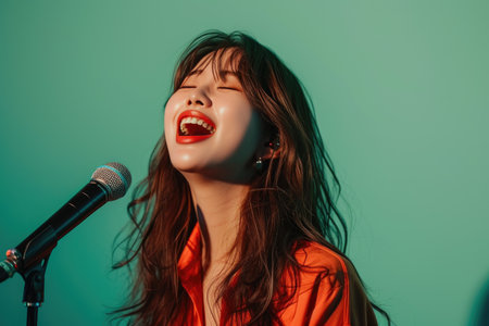 Vibrant Young Singer in Talent Show, Green Stage Ambianceの素材