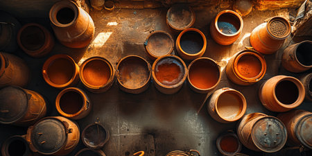 Golden Glow: Traditional Fermenting Pots at Sunsetの素材