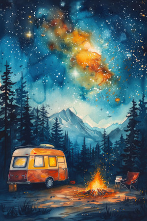 Mountain Campfire Serenity: Vintage Camper Watercolorの素材