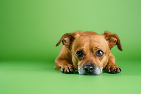 Melancholic Pet Dog Alone Against Greenの素材