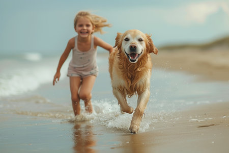 Kids Having Fun with Dog on Sandy Shore. Sunny Escapeの素材