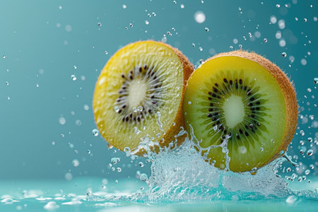 Ripe kiwifruit halves floating, perfect for fruity themesの素材