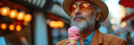 Mature Man Savoring Summertime Fruit Gelato Outdoorsの素材