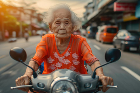 Urban Exploration: Senior Lady Driving Scooter with Young Riderの素材