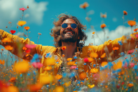 Happiness Blooms: Man Embracing Joy in Flower Fieldの素材