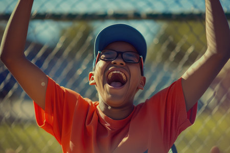 Cheers in Full Bloom: Exciting Front-View Shot of Little League Fanの素材