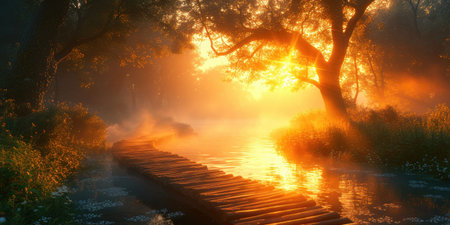 Tranquil Dawn: A Journey Through Misty Woodsの素材