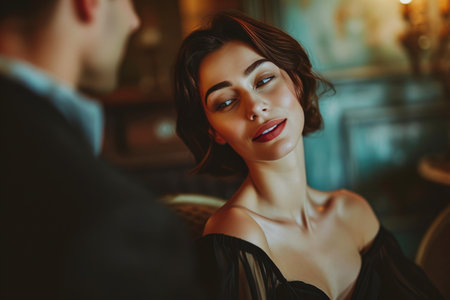 Chic Grandeur: Brunette Beauty and Sophisticated Gentleman in Spacious Roomの素材