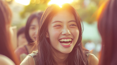 Radiant Asian Woman Engaging in Playful Banter with Friendsの素材