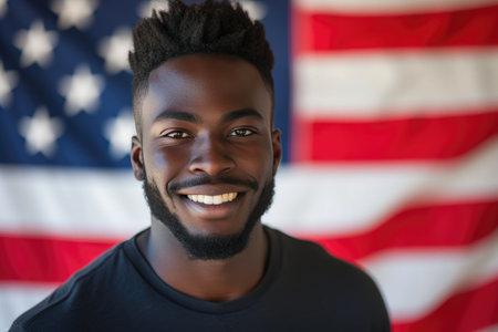 Patriotic Black Man Smiling by American Flagの素材