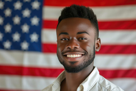 Cheerful African Descent Male and US Flagの素材