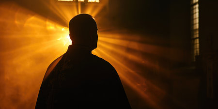 Graceful Elegance: Priest's Silhouette Embraced by Sun Raysの素材