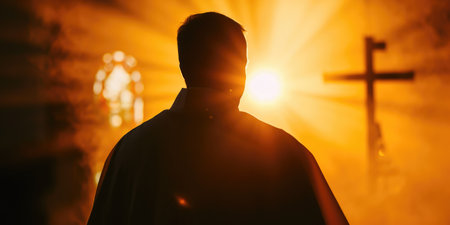 Light of Faith: Silhouetted Priest in Sunlit Embraceの素材