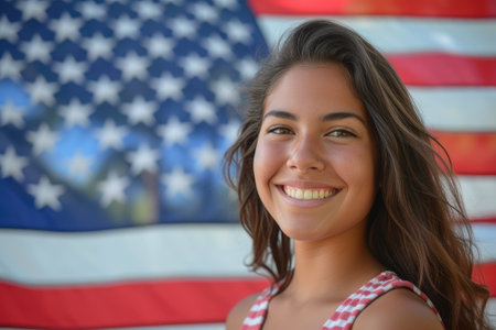 Celebrating Freedom: Joyful Woman and American Flagの素材