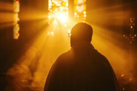Solemn Sanctity: Close-Up Silhouette of Priest in Sunlightの素材