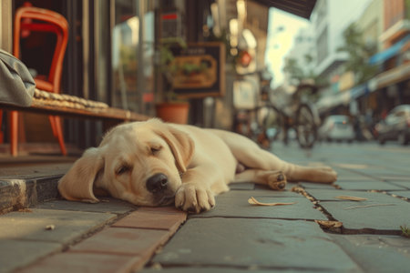 Urban Serenity: A Leisurely Afternoon with a Playful Labradorの素材