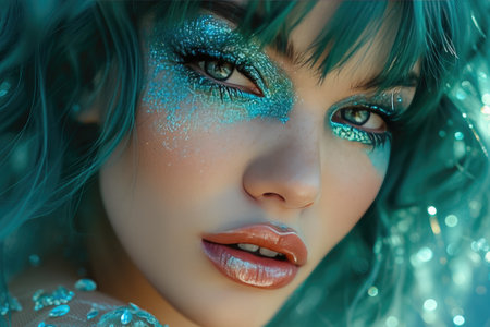 Teal Fantasy: Mesmerizing Glitter Makeup and Dress Ensembleの素材