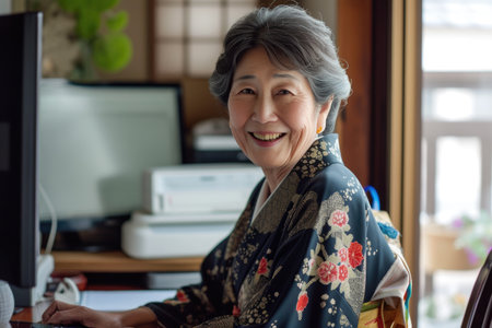 Capturing Joy: Japanese Woman's Heartfelt Computer Momentの素材