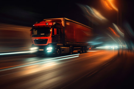 Nocturnal Freight: Front Position of Speeding Lorryの素材