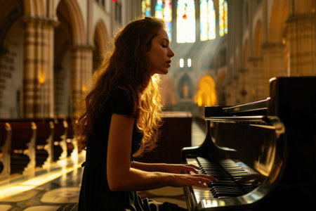 Graceful Woman Playing Piano in Cathedralの素材