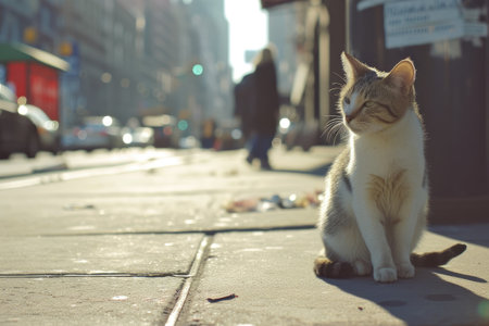Wise Cat Sitting on Busy Sidewalkの素材