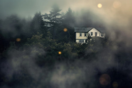 Enchanted Dream: Mystical White House in Foggy Forestの素材
