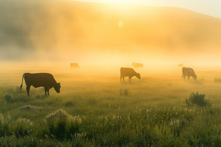 Sunrise Symphony: Cattle in the Misty Meadowの素材
