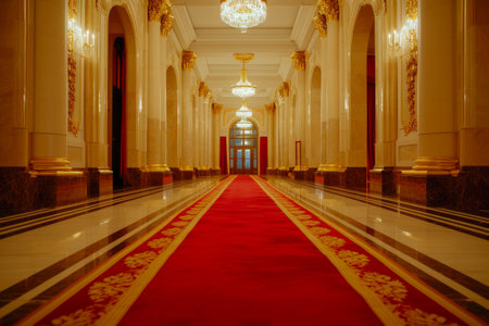 High-End Interior with Rich Red Carpet and Gold Highlightsの素材