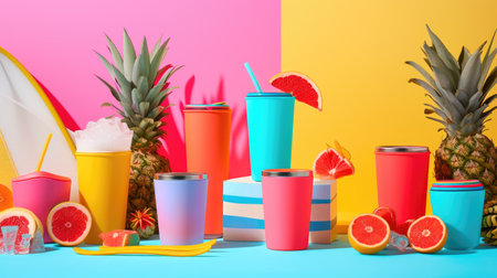 Vibrant Summertime Essentials: Tumblers, Surfboards, and Sunny Vibesの素材