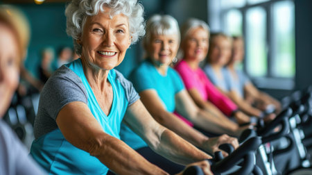 Active Aging: Senior Woman Leading Indoor Cycling Groupの素材