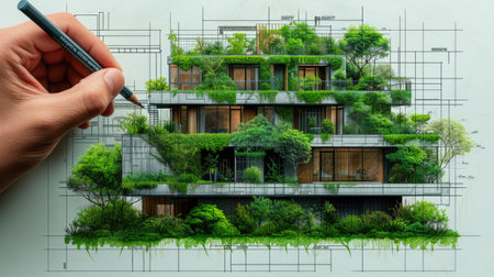 Urban Innovation: Sketching a Lush Green City on Blueprintの素材