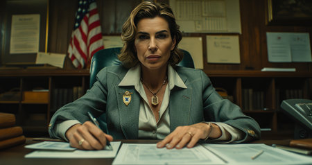 Professional Woman at Desk, Engrossed in Nighttime Workの素材