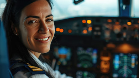 Smiling Airline Captain in Classic Blue and White Uniformの素材