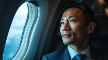 Businessman Observing Clouds from Airplaneの素材