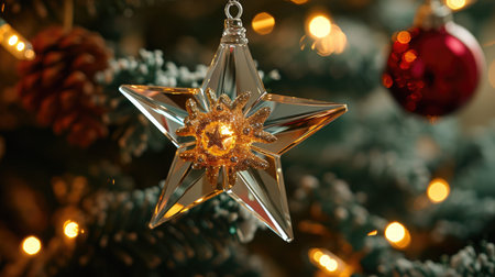 Glittering Star Ornament on Holiday Treeの素材