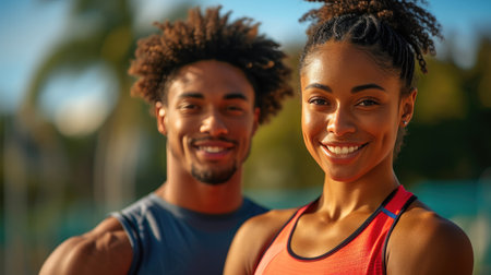 Athletic Couple Embracing Fitness in Sports Gearの素材