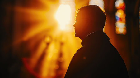 Spiritual Solace: Priest Silhouetted by Sunの素材