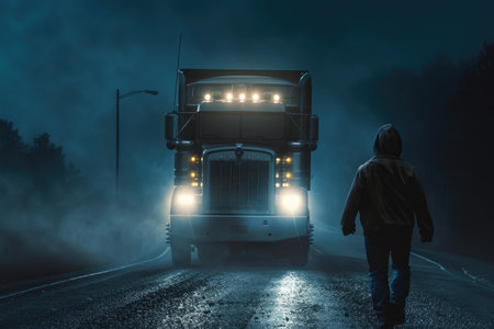 Urban Thriller: Teen Boy Faces Off with Truck on Lonely Roadの素材
