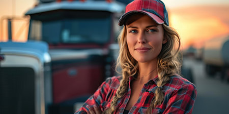 Bold Woman Trucker Next to Her Heavy-Duty Truckの素材