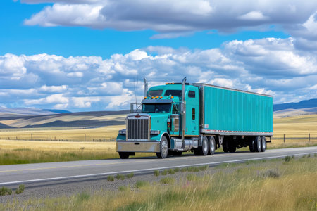 Tranquil Countryside: Teal Trailer Truck Travelの素材