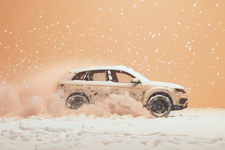 Snow-covered car in rustic settingの素材