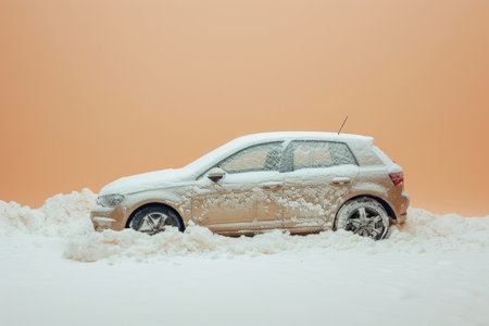 Winter scene with car under snowの素材