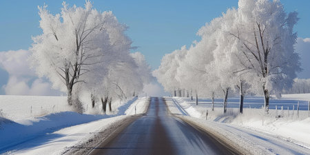 Snowy Day Serenity: Icy Trees Along a Winter Roadの素材