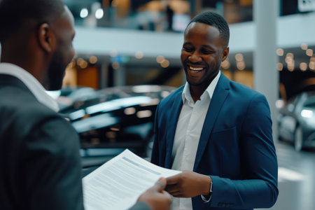 Luxury Car Salesman Presenting Contract to Interested Buyerの素材