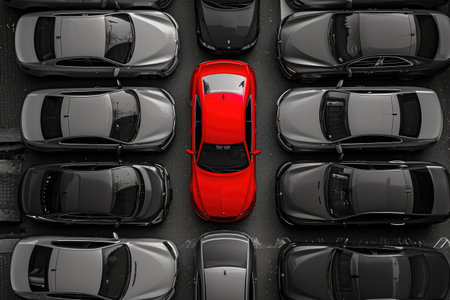 Vibrant Red Automobile Amidst Monochrome Carsの素材