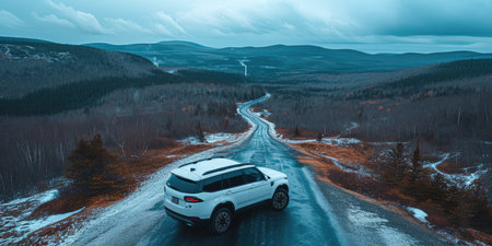 Overhead Shot of White SUV in Remote Natural Surroundingsの素材